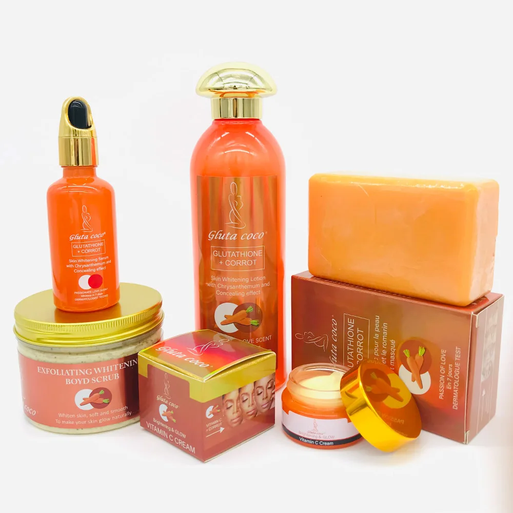OEM частная марка Gluta Co отбеливающий скраб для тела с морковью отбеливающий лосьон для лица с витамином C крем для лица Мыло Набор для ухода за кожей