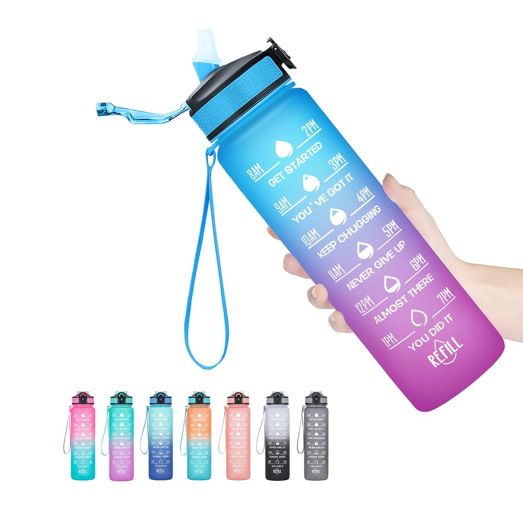 Wholesale gradient color 1l 32oz plastic water bottle Motivational Drinking Sports Water Bottle with time marker