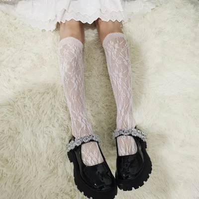 ST-014 Summer Thin Black White Fishnet Stockings Women Lace Thigh High Fishnet Knee High Socks