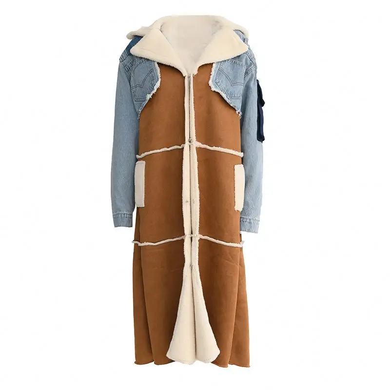 BH281  2021 Fashion Winter Patchwork  Lamb Hair Lining Thickened Long Coat for Women