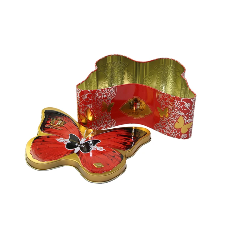top quality butterfly shaped empty cookie tin can with lids