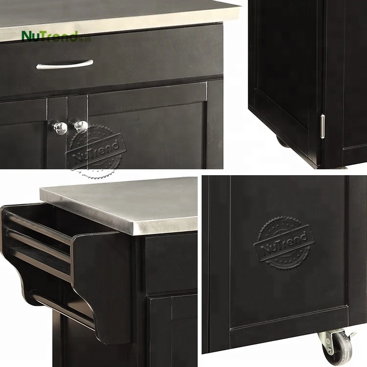 Customized Stainless Steel Top Modern Black Design Wooden Kitchen Cart with Drawer Mobile Storage Cabinet Trolley with Wheels