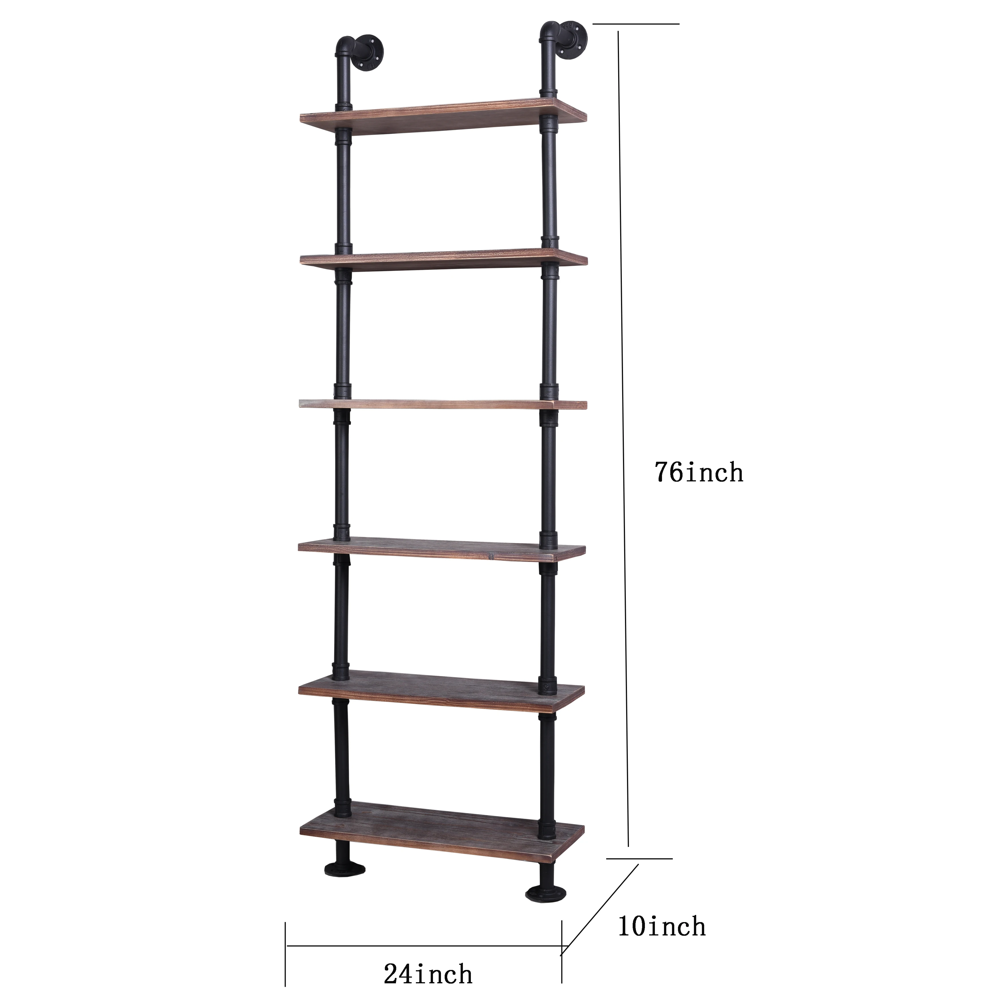 Modern wood ladder wall shelf 6 layer pipe design bookshelf (60291612253)