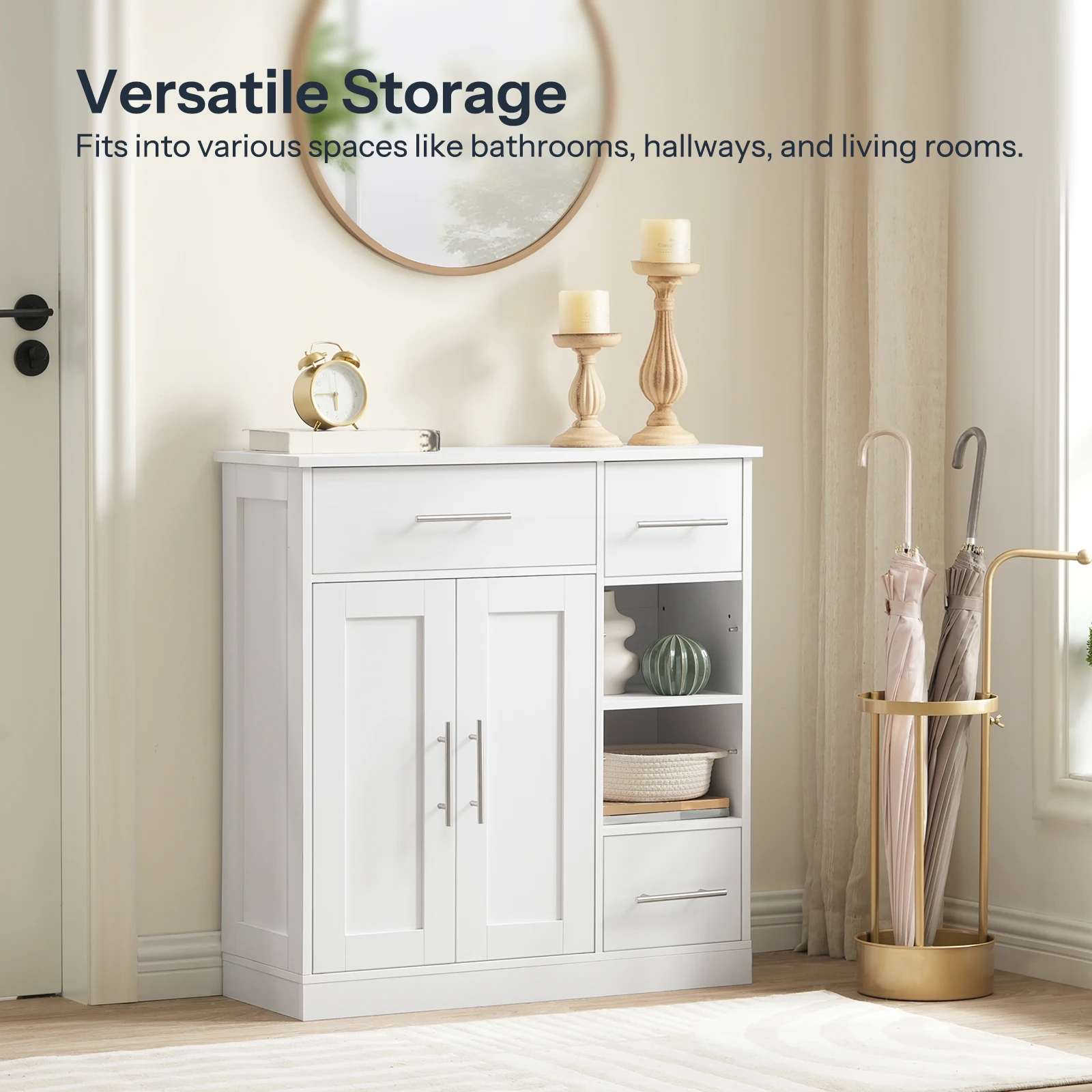 Freestanding White Bathroom Storage Cabinet with Drawers, Bathroom Organizer with Shelves 2 Door Cabinet for Bathroom Kitchen