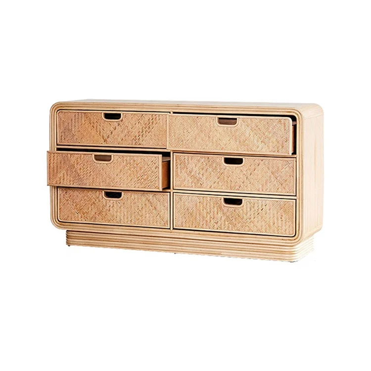 
Living Room Hotel Bedroom 6 Drawers Locker Solid Wood Cane Weaving Bucket Storage Cabinet 