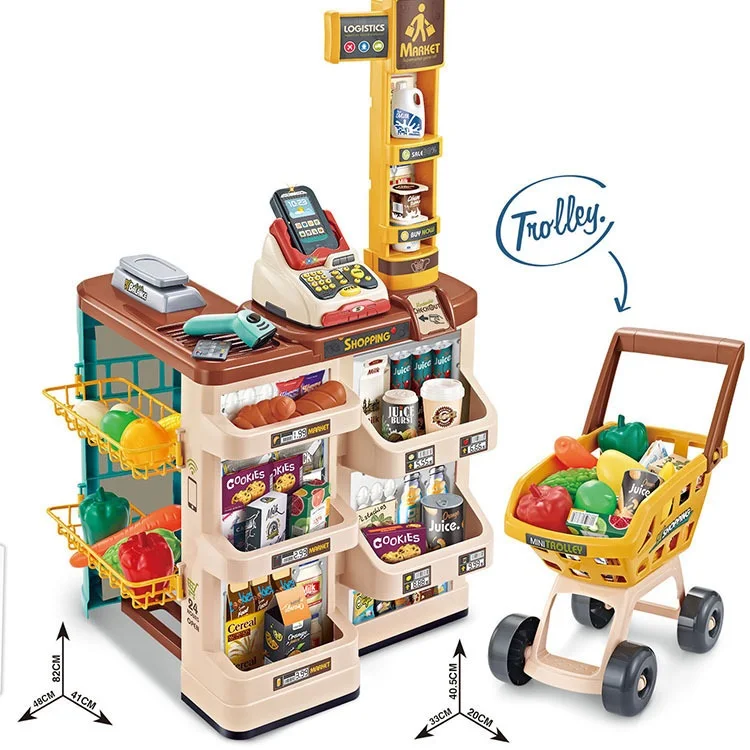Hot Sale Kids Plastic Pretend Play Toys Set Supermarket Electric Cash Register Toy Shopping Cart for Children