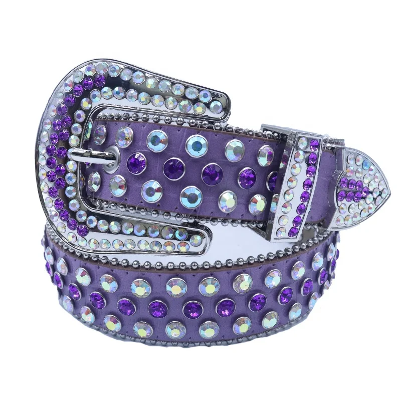 Western BB Simon Rhinestone Belt Bling PU Leather Crystal Belt with Purple Stone Fashionable Silver Alloy Buckle for Men Women