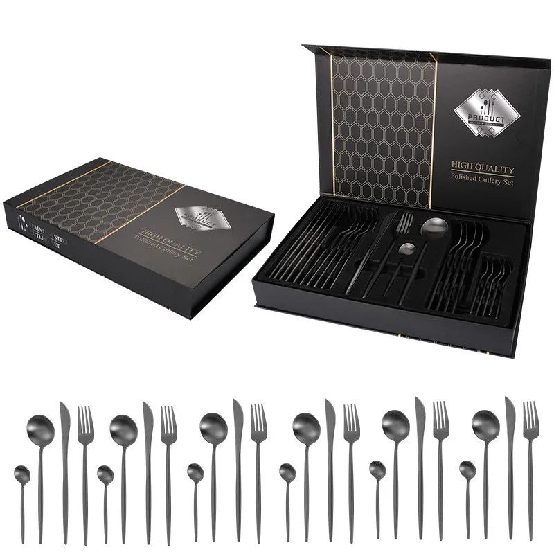 24-Piece Gold Silverware Cutlery Set Portable Tableware for Weddings Banquets Feasts Sustainable Metal Dinnerware with Gift Box
