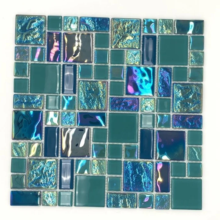 4mm iridescent mesh-back peel and stick blue green swimming pool glass mosaic tiles pool mosaic