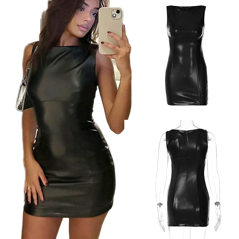 Women Summer Sexy Party Strapless Bodycon Pu Leather Slim Package Hip Black Club Party Mini Short Dress Sundress Female Clothing