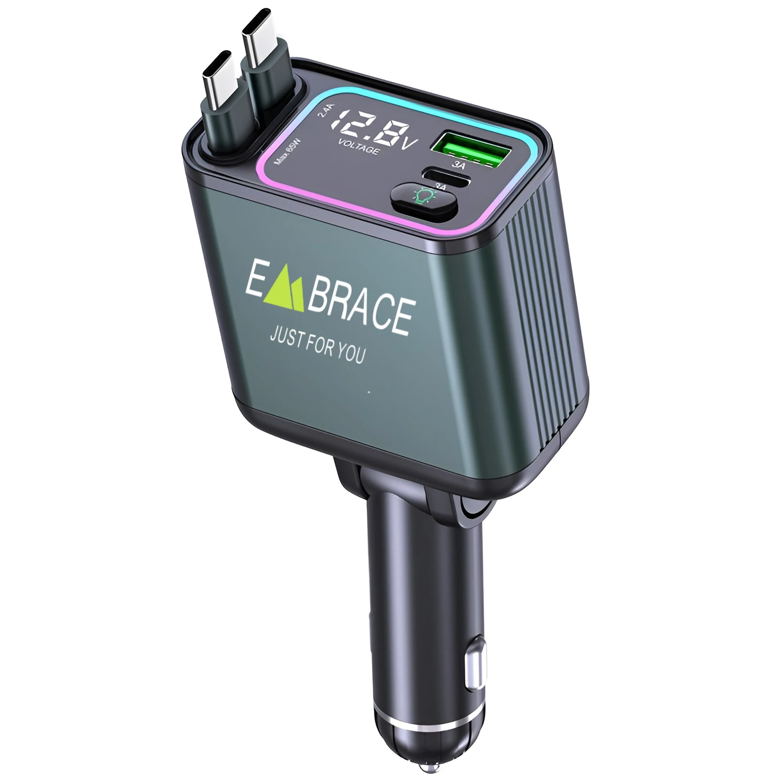 Embrace 2024 Retractable Cable 4-in-1 Fast Charging Car Charger Color Ambient Light High Power 65w+25w Usb Connection Smart