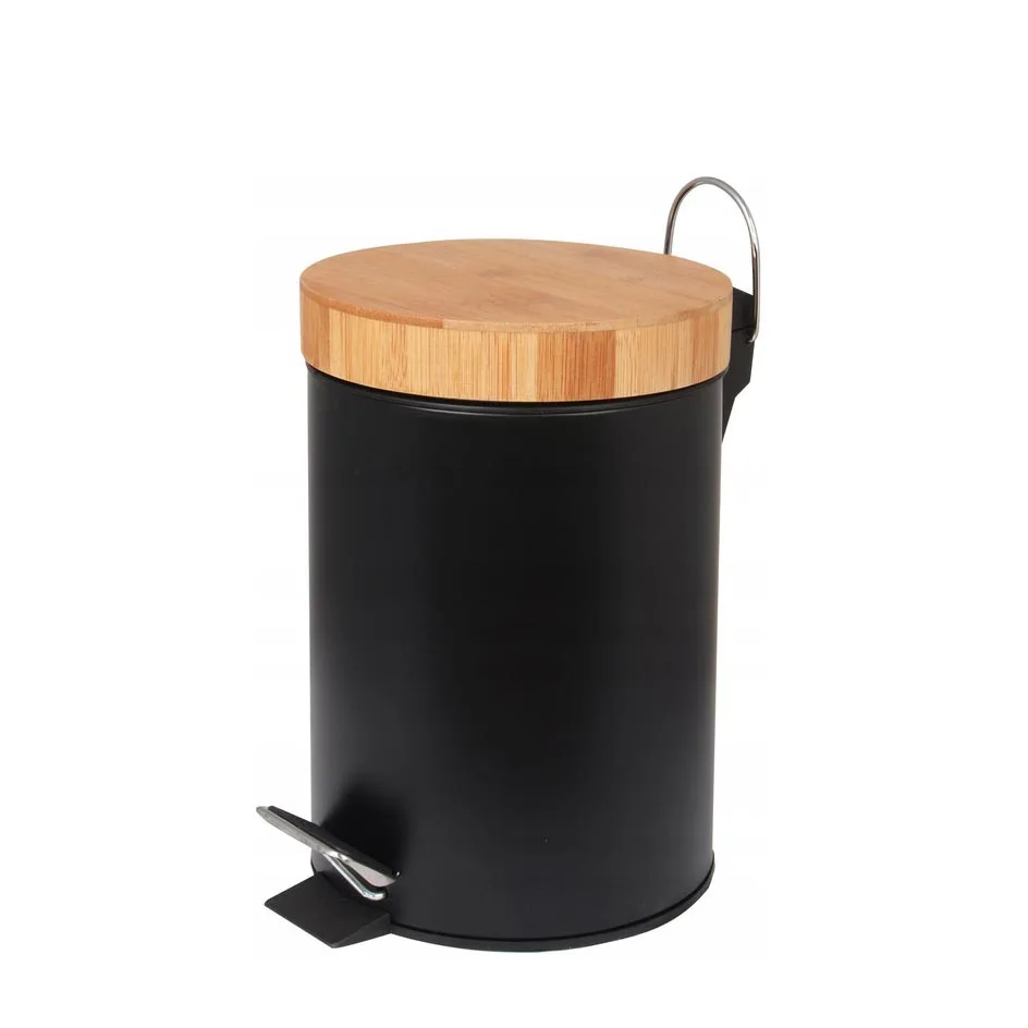 Round bamboo pedal bin strong pedal anti-rust waste bin 5L rubbish trash can