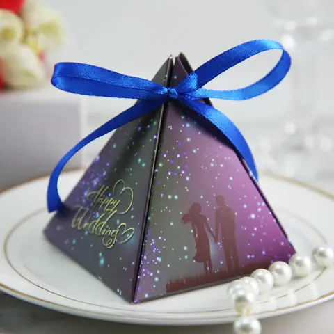 Factory Customize Wholesale from Stock Triangle Exquisite Cute Baby Wedding Candy chocolate Small Gift Paper Box With Ribbon Bow