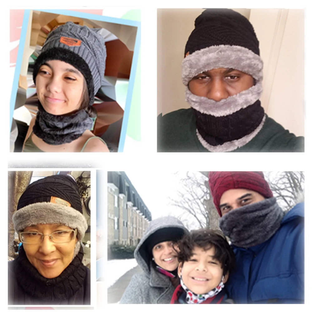 Custom Logo Mens Womens Winter Beanie Hat Scarf Set Warm Knit Hat Thick Fleece Lined Winter Cap Warmer Neck for Outdoor Sports