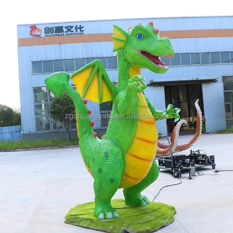 Cute Displays Children Amusement Green Animatronic Cartoon Dinosaur Animal Dragon Moving Sculpture