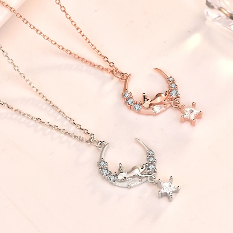 925 Sterling Silver Five Pointed Star Zircon Sleep Mouse Moon Necklace