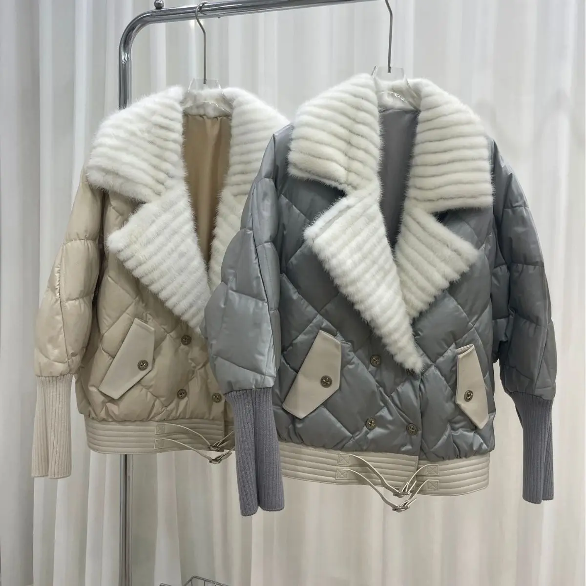 2023 new autumn winter women jacket loose bat knitted sleeve down jacket for women suit  collar short warm lightweight down coat