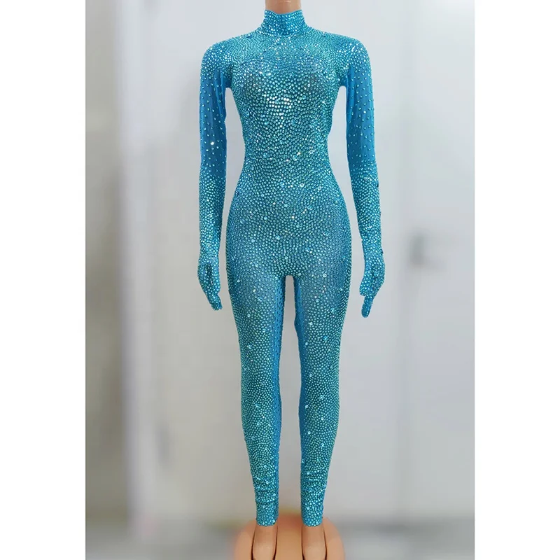 Sexy Long Sleeve Rhinestone Bodysuits Show Cosplay Costume Club Party Dancer Leotard Bodycon Romper Women One Piece Jumpsuits