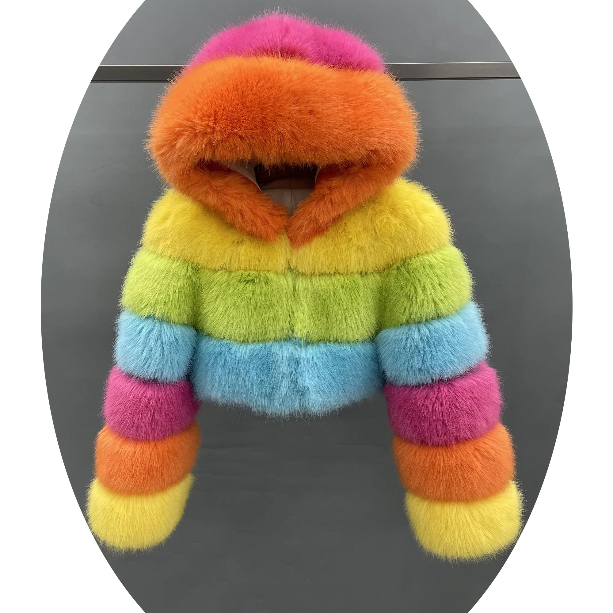 Janefur High Quality Female Colorful Color Short Fake Fur Coat Fashion Warm Hooded Winter Faux Fur Coat For Women