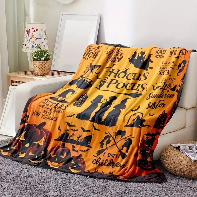 Wholesale High quality Hocus Pocus Themed Flannel Throw Blanket Halloween Custom blanket Pumpkin and Witch Motif custom Blanket