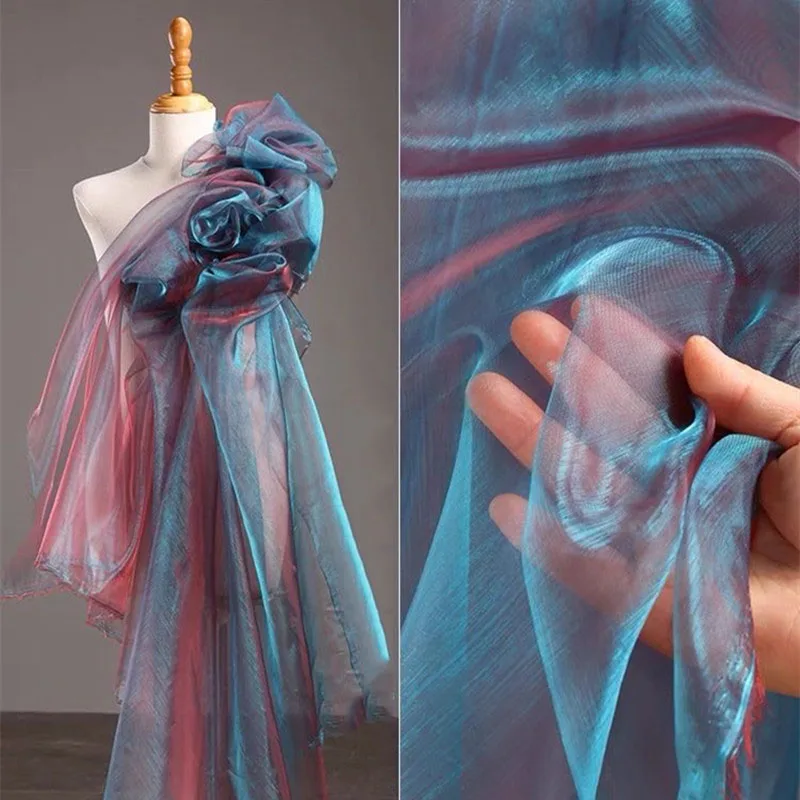 2025 New Fashion 100%polyester Magic Rainbow Laser Gradient Liquid Organza Fabric for Dress