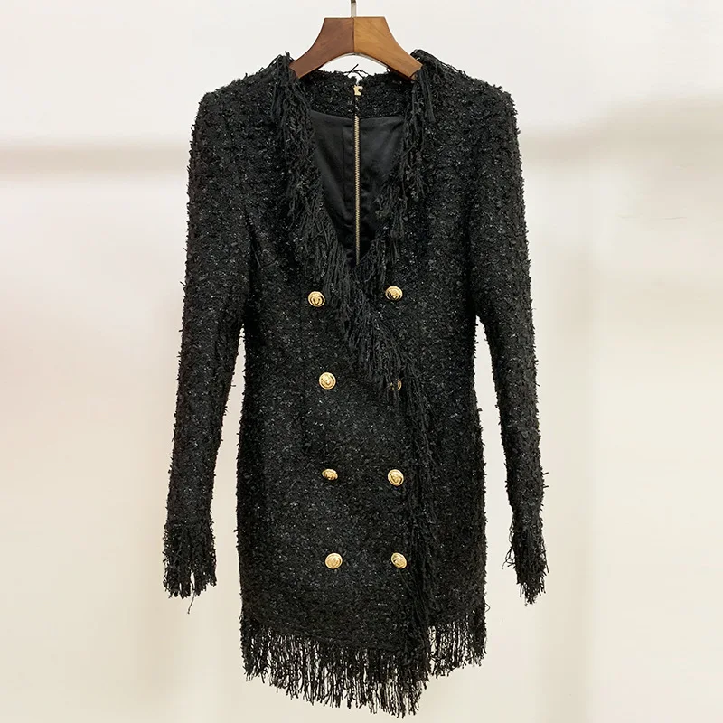 2021 new arrivals spring fashion deep V neck tweed fabric tassel women blazer dresses