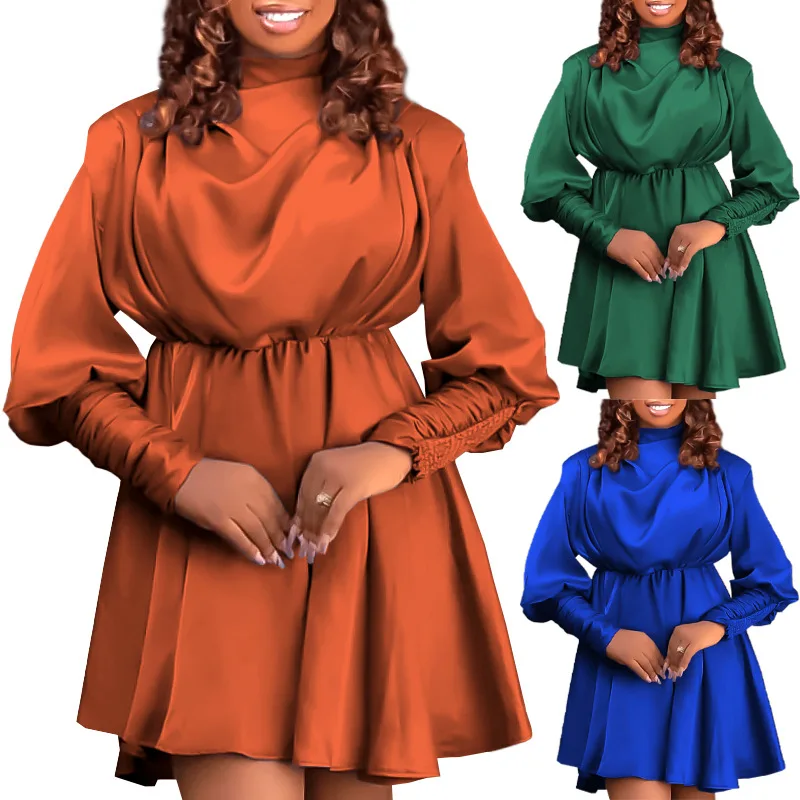 KX 2022 wholesale African Autumn fall Solid Color Casual maxi formal waist satin Skirt women long sleeve chiffon dress