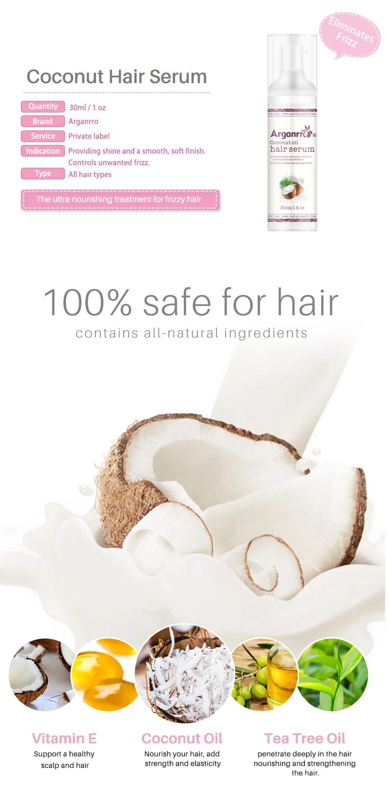 Private label organic smoothing repairing hair protective heat vitamin argan oil coconut oil hair serum