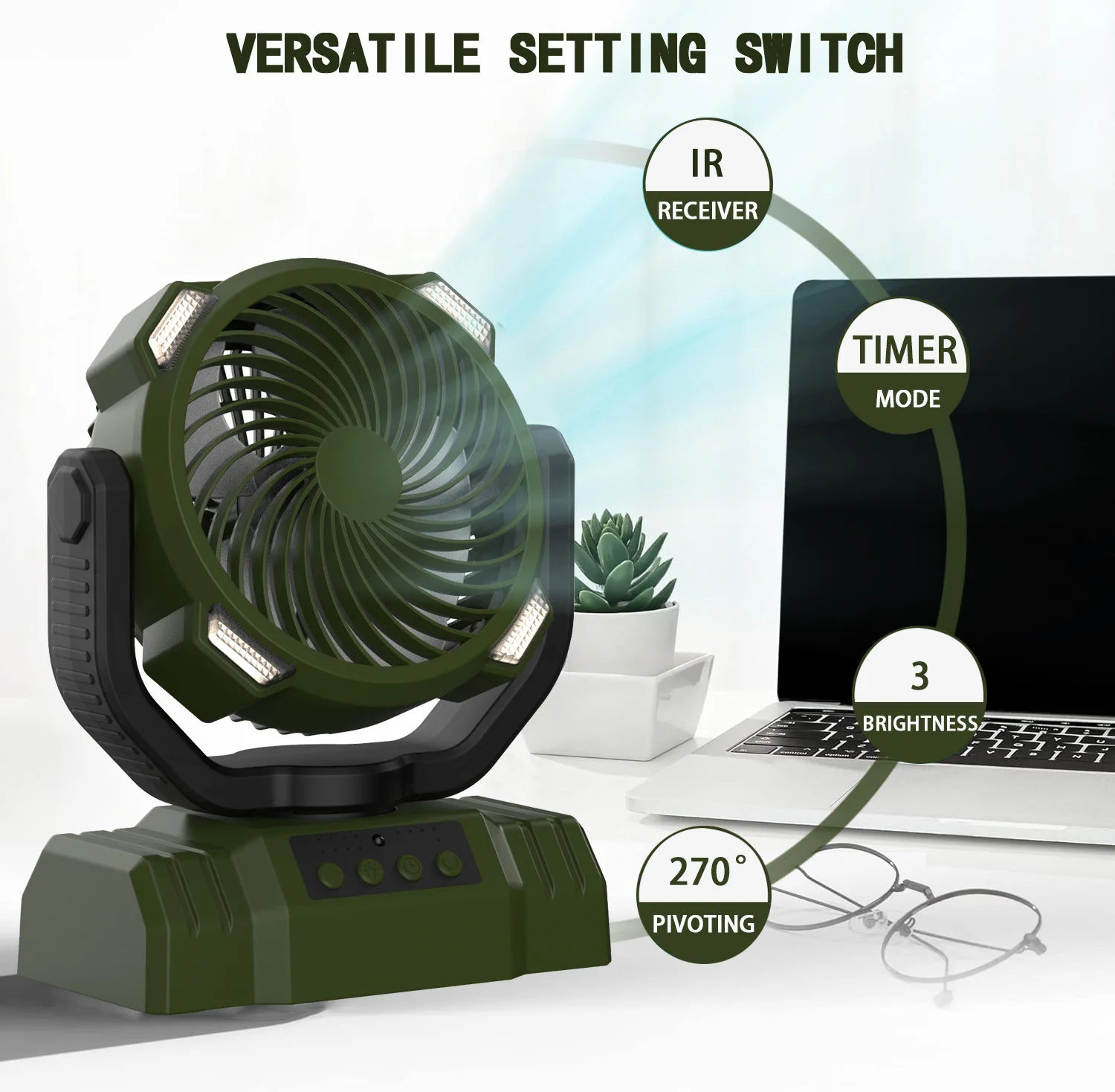 10000mAh Rechargeable Outdoor Camping Fan with LED Light Hook Remote Control Rotatable Portable Fan Table Fan for Office Car