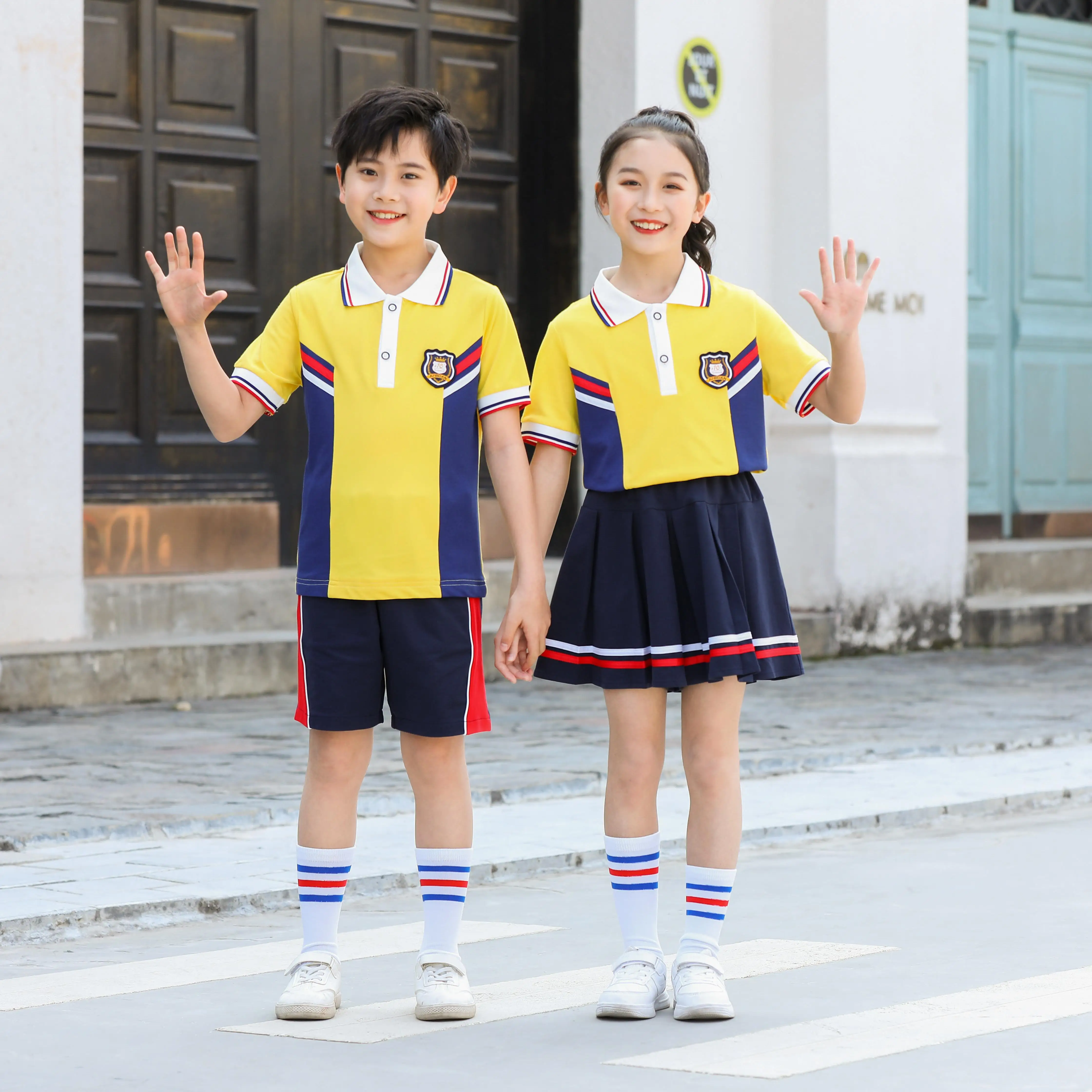 Custom yellow t polo shirt design for girls with school logo kids primary sport uniform manufacturers school uniform design