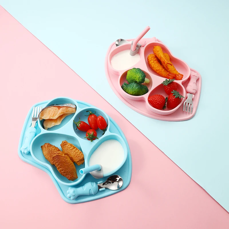 Factory sale silicone cartoon cat lovely children  divided plates sets dinnerware tableware