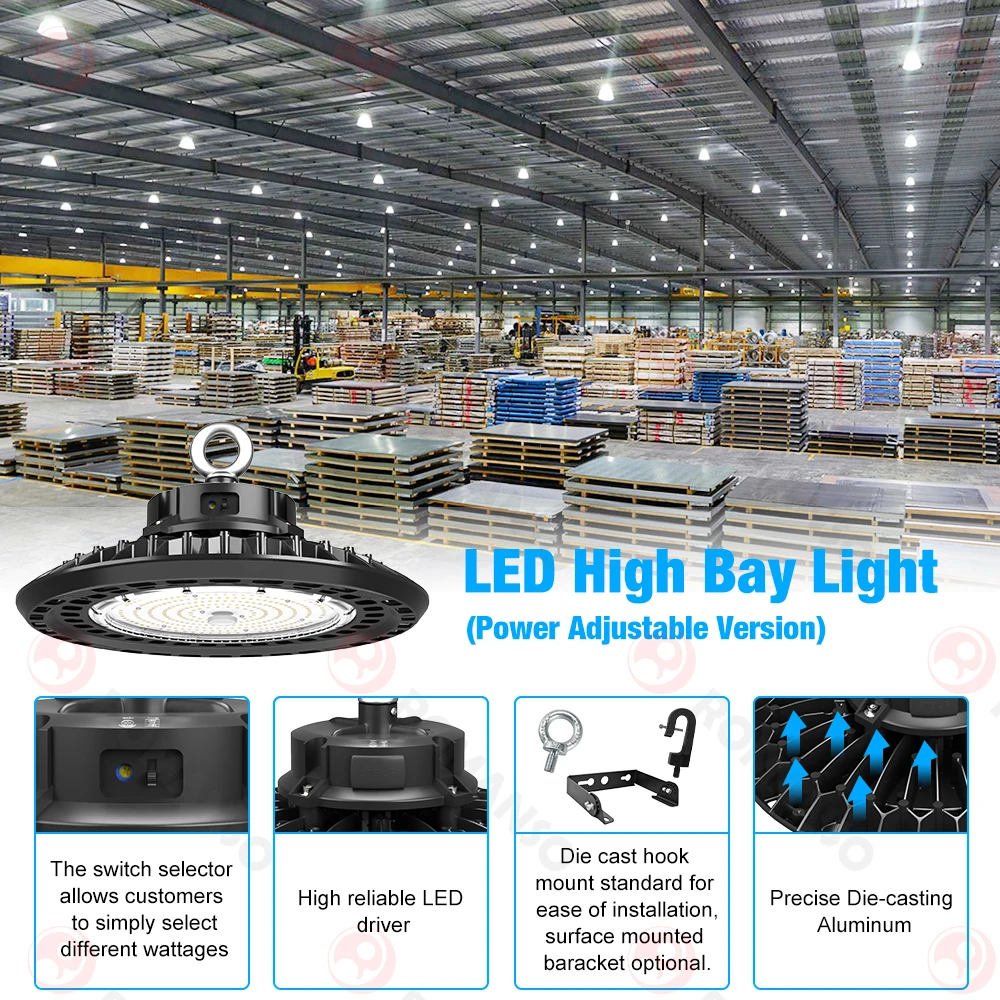 New design CE DLC SAA 150lm/w wattage adjustable 300w led high bay light industrial