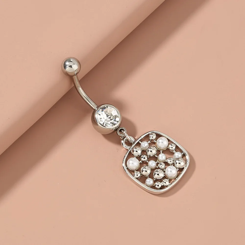European Style Geometric Body Piercing Jewelry Pearl Belly Ring Stainless Steel Zircon Navel