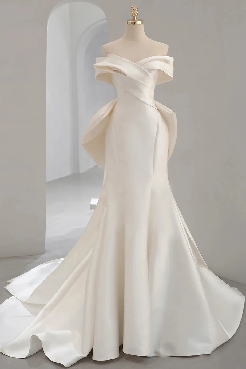 Manufacture made Hot sale luxury Wedding dresses Off-Shoulder A-Line sleeveless satin elegance bridal gown