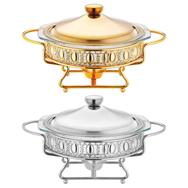 New Gold Round Glass Buffet Stove 2.0L Food Heating Container Dining Table Dry Fondue Alcohol Stove