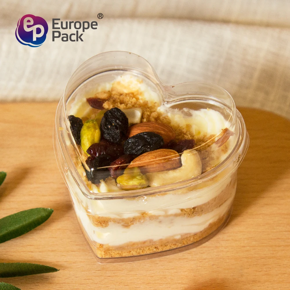 Wholesale disposable baking supplies heart shape cute dessert plastic cup with lid