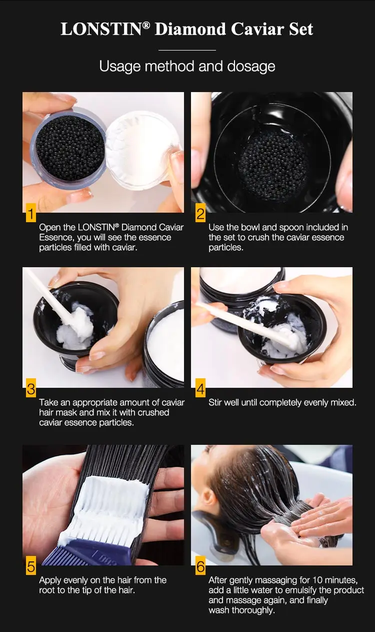 A caviar hair mask is a type of hair treatment that contains caviar extract as one of its main ingredients. Caviar is rich in vitamins, minerals, and omega-3 fatty acids, which can provide various benefits to the hair. Here are some potential features and benefits of using a caviar hair mask: 1. Nourishment: Caviar extract is known for its high nutrient content, which can nourish and strengthen the hair follicles. This can help improve the overall health and appearance of the hair. 2. Hydration: Caviar extract is also deeply hydrating, helping to moisturize and condition the hair. It can restore moisture to dry and damaged hair, leaving it softer and more manageable. 3. Repair and protection: The nutrients and antioxidants found in caviar extract can help repair damaged hair and protect it from further damage, such as heat styling, environmental pollutants, and UV radiation. 4. Shine and luster: Caviar extract can add a beautiful shine and luster to the hair, enhancing its natural radiance and making it appear healthier and more vibrant. 5. Smoothness and manageability: The hydrating properties of caviar extract can help reduce frizz and improve the overall smoothness and manageability of the hair. This can make it easier to style and reduce the appearance of flyaways. 6. Scalp health: Caviar extract contains nutrients that can promote a healthy scalp environment, reducing dryness, itchiness, and flakiness.