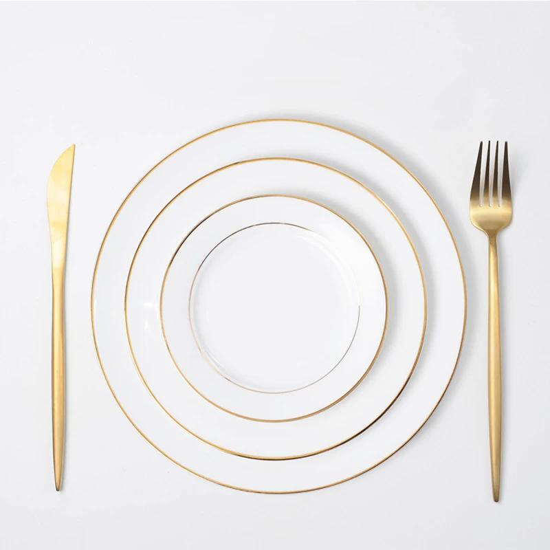 Wholesale Factory Price Simple Elegance Gold Rim Line Bone China Dinner Plate Charger Plates for Star Restaurant and Hotel