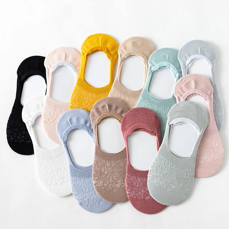 LWN147 Korean Style Women No Show Lace Mesh Cotton Knitted Low Cut Invisible Socks