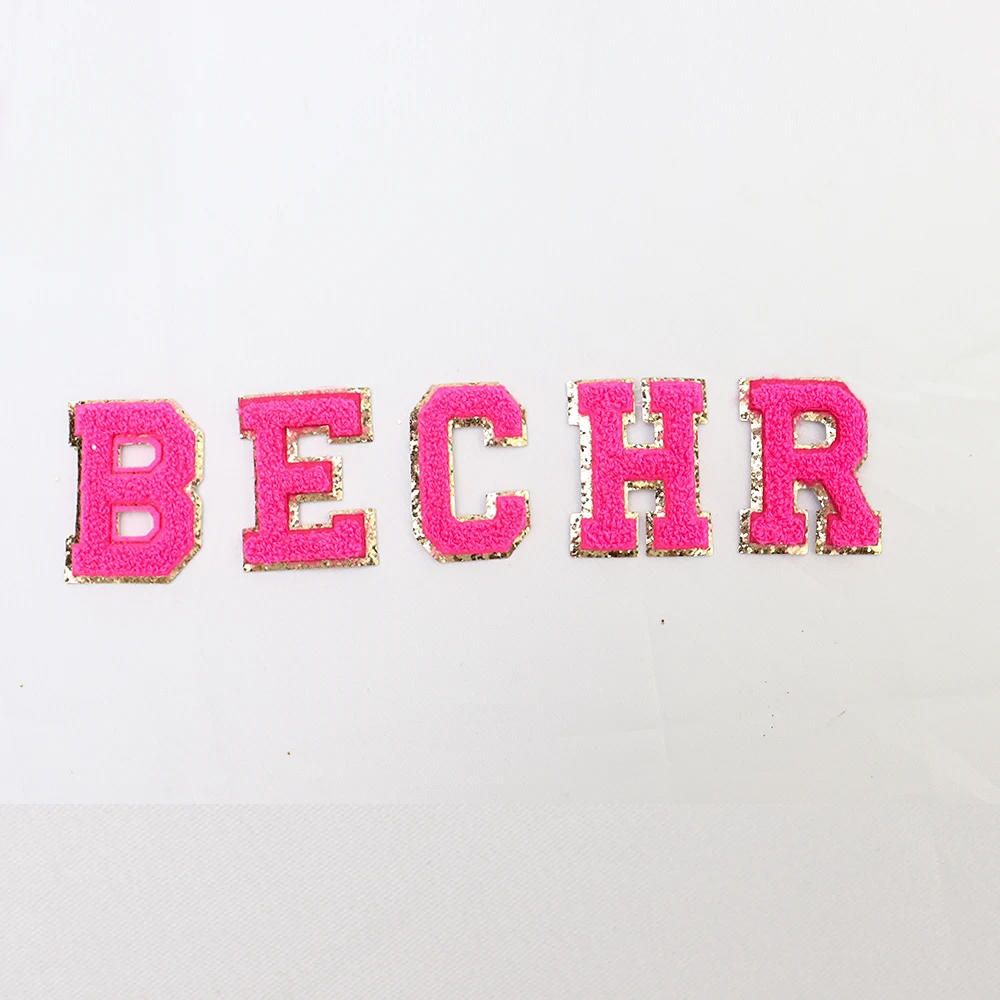 Keymay High Quality Personalized Embroidery Varisty Alphabet Letter Patch Sticker Self Adhesive Glitter Letter Patches Chenille