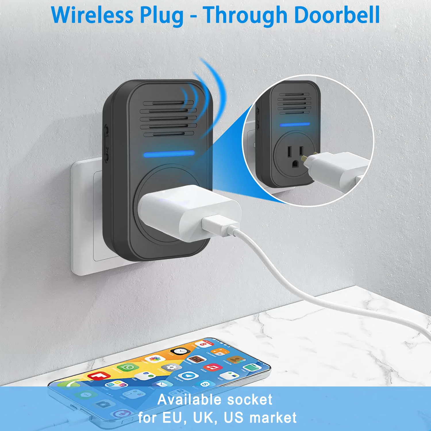 Wireless Plug Through Doorbell with Additional Socket with kinetic battery free bell push button no need battery