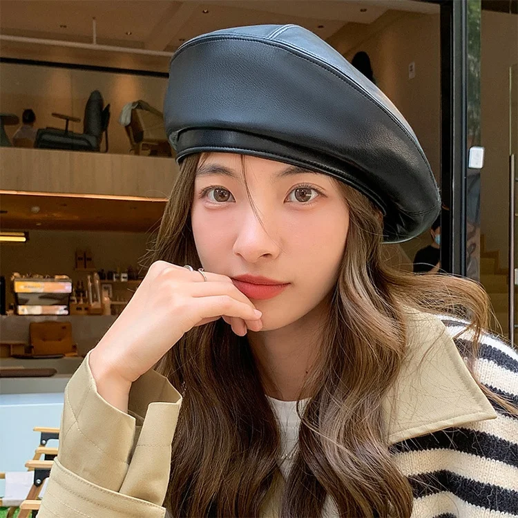 Wholesale ins Autumn Winter female vintage pu leather beret hat for women french style