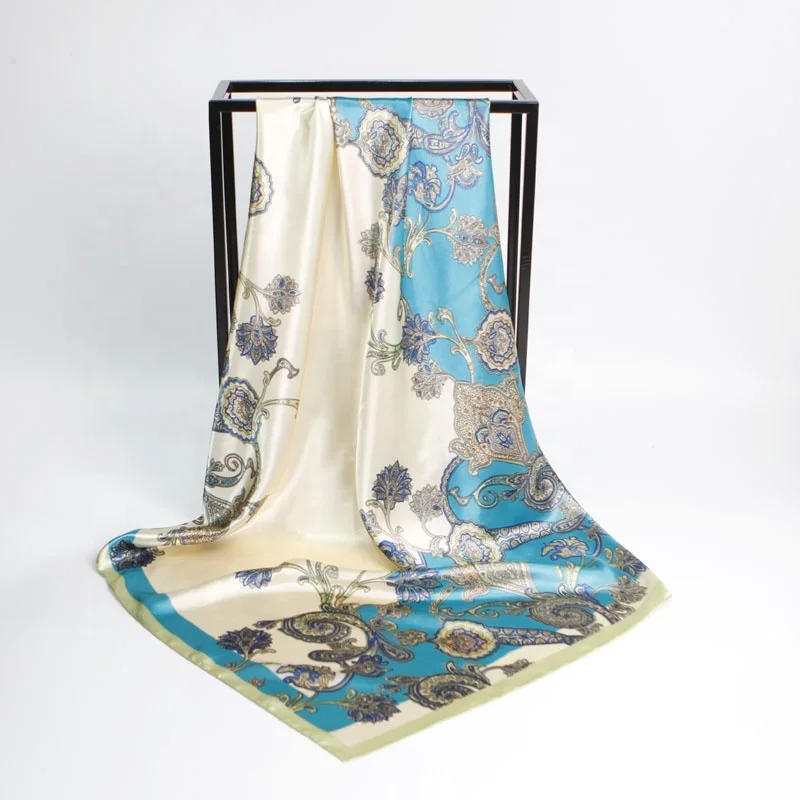 
Lady Silk Shawls Women Fashion Foulard Satin Muslim Headscarf Tassel Shawl Flower Print Square Head Scarves 