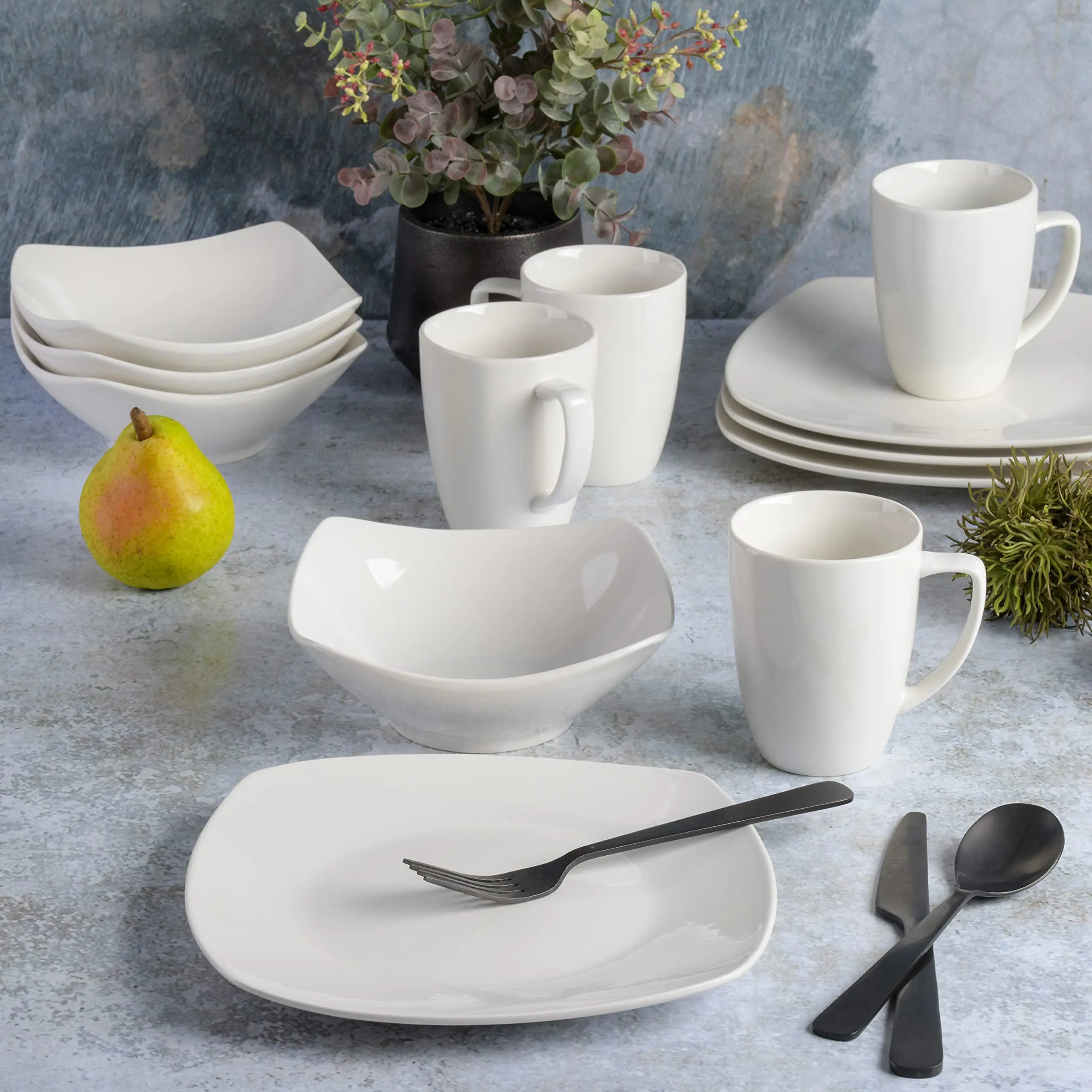 Ceramic Tableware 16pcs Ceramic Dinner Set White Square Shape Dinnerware Set for Gift Premium Quality Porcelain Plate Bowl Mugs