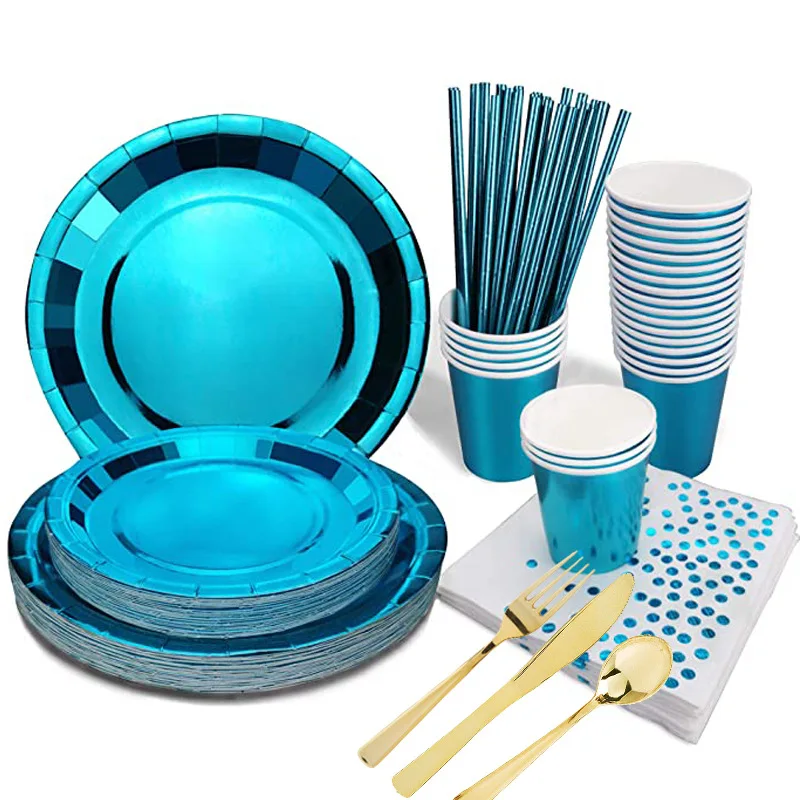 New Arrival Birthday Party Supplies Peacock Blue Paper Tray Disposable Paper Tray Dinner Plate Set