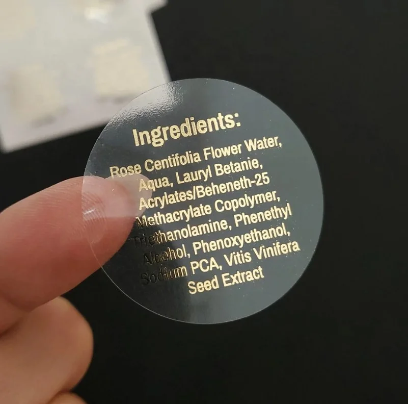 Custom Logo Printing Transparent Gold Foil sticker Self Adhesive Clear Vinyl Waterproof Labels