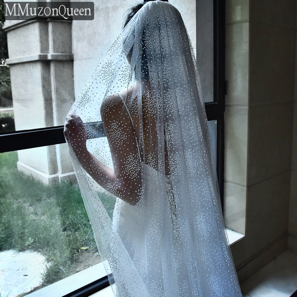MMuzonQueen A16 Light Luxury White Dot Print Veil Double Piece With Comb Off-White Bridal Wedding Cathedral Long Trailing Veil