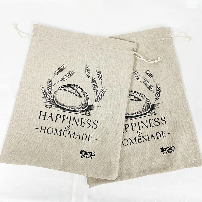 Custom Brand Logo Eco friendly Drawstring Reusable Bread Bags Cotton Linen Baking Food Bags For Bakery