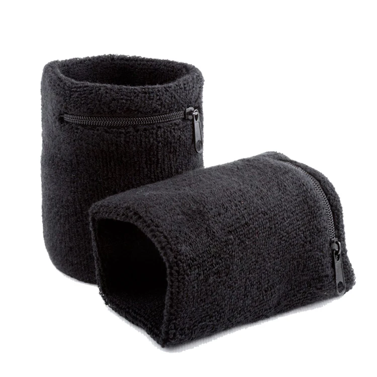 Cotton terry cloth zipper sweatband wristband with pocket for sport