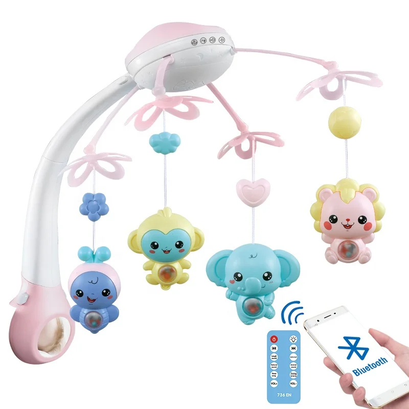 Bluetooth Remote Control 360 Rotating Bed Bell Toy Crib Mobiles with Soft Night Lights Projector Baby Crib Mobile with Music